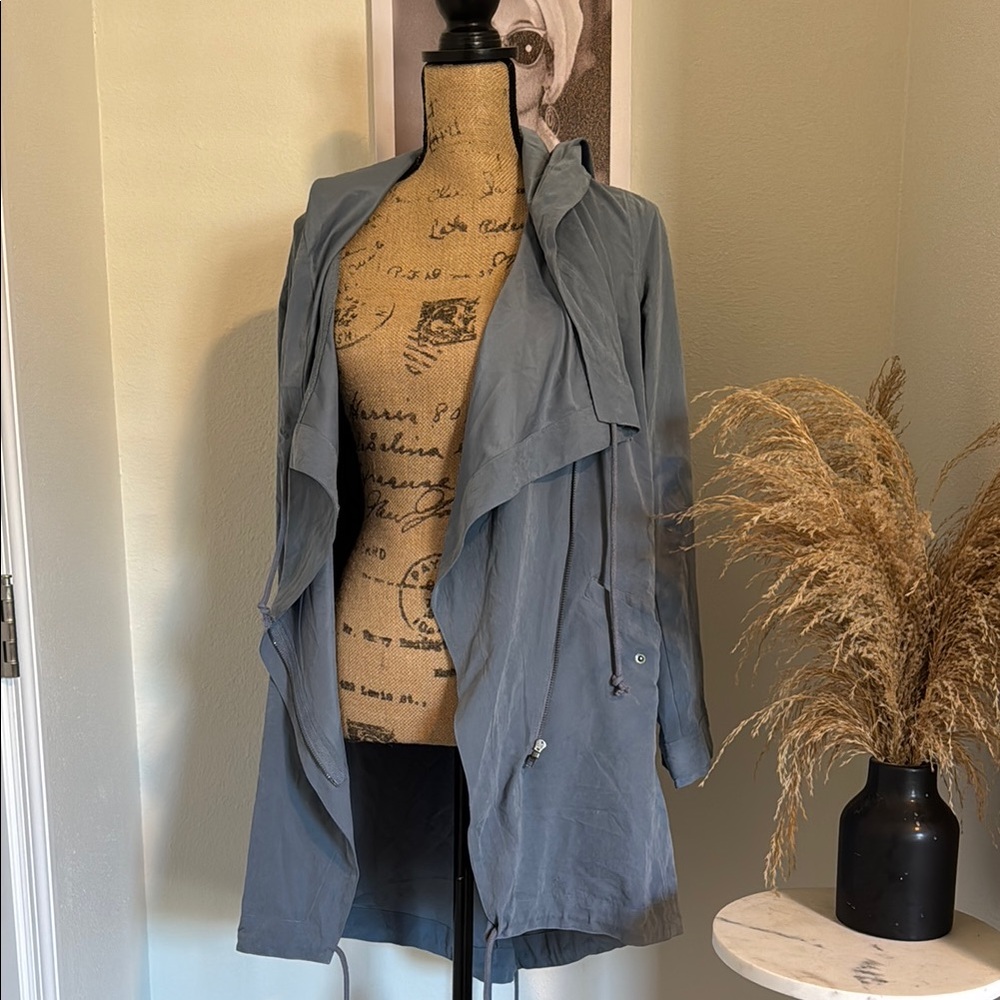 Women's Blue Drape Front Jacket with cinched waist option